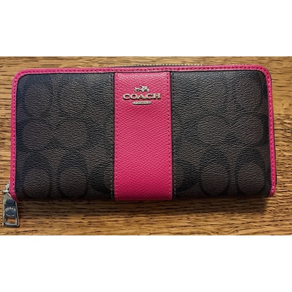 Coach Handbags - NEW Coach Accordion Zip Around Wallet Signature Canvas Brown / Dark Magenta